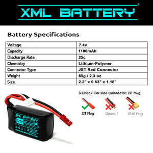 7.4v 1100mAh Li-Po Battery Pack Replacement for RC Car JST Red Connector